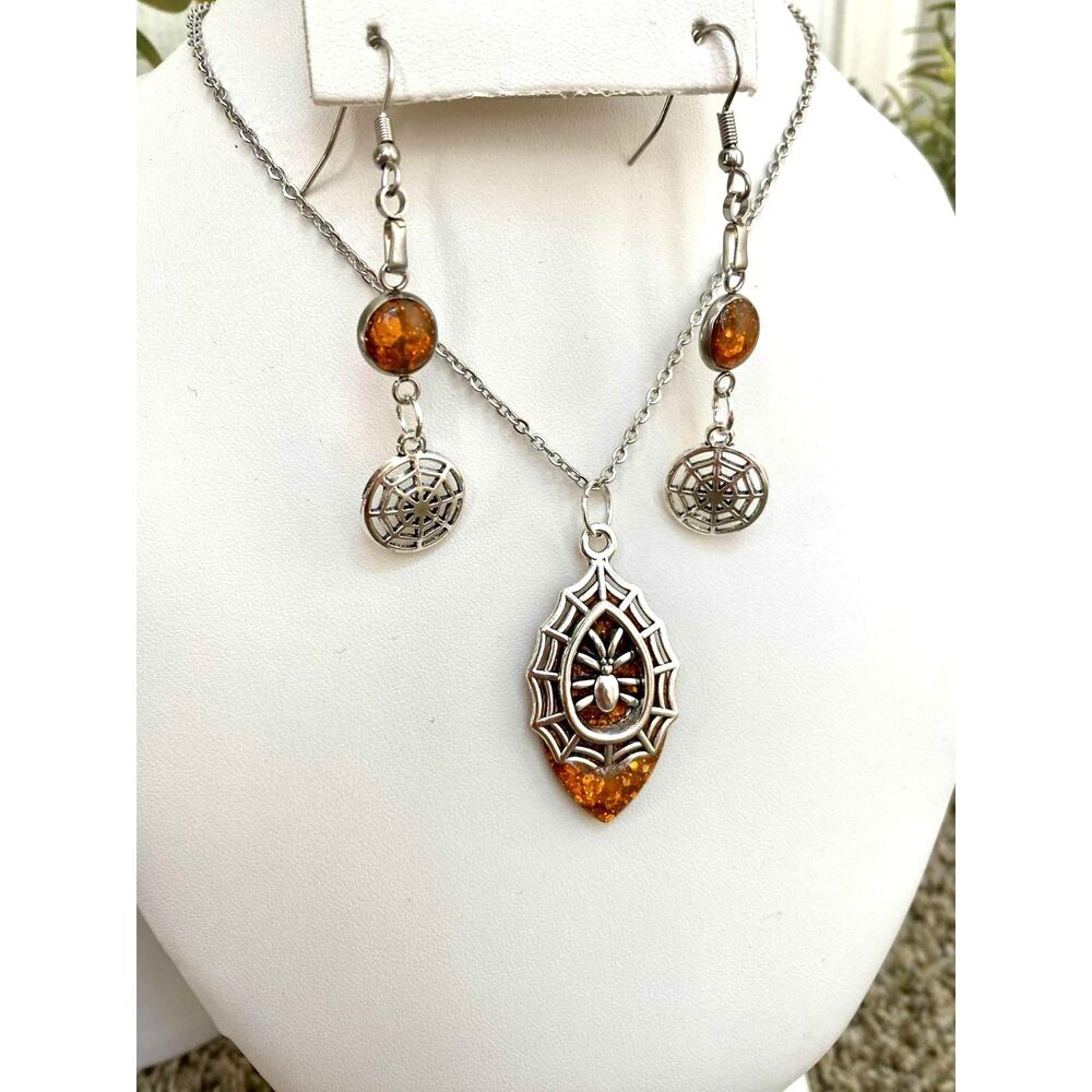 Handmade Gothic Spider Web Jewelry Set – Silver Tone with Orange Glitter Accents - Picture 4 of 5